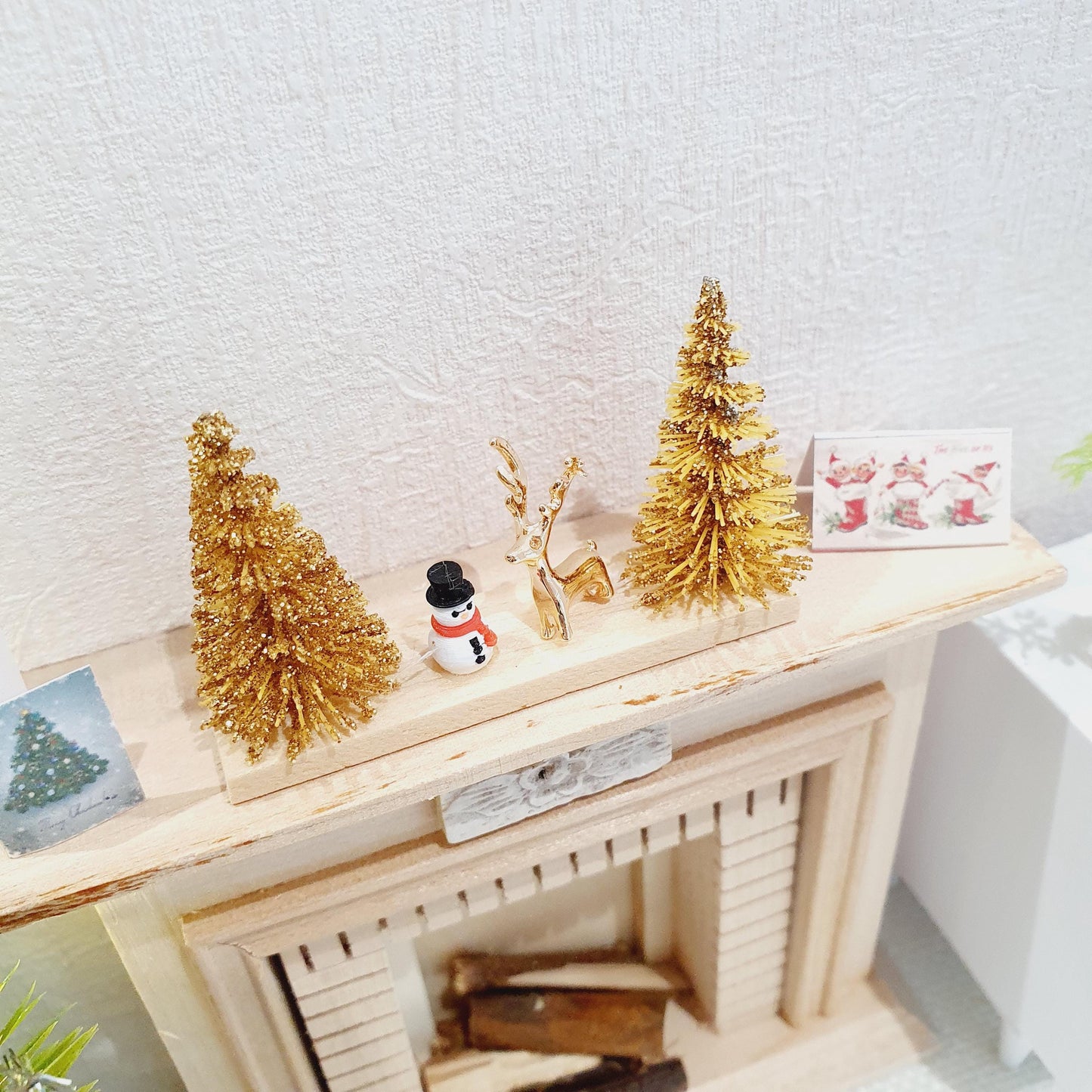 Dolls House Christmas Ornament, Gold Christmas Trees & a Tiny Snowman, Gold Reindeer on a Stand, 1:12th Scale, Miniature Christmas Ornament