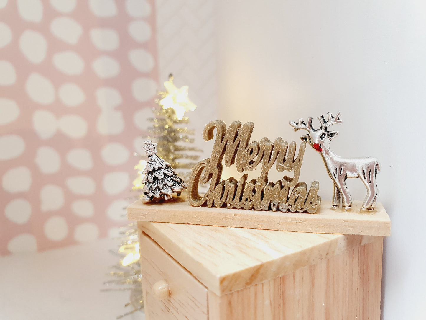 Dolls House Christmas Ornament, Merry Christmas on a Stand with a Reindeer & Christmas Tree, 1:12th Scale, Miniature Christmas Ornament