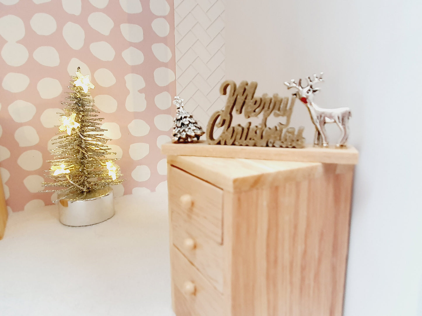 Dolls House Christmas Ornament, Merry Christmas on a Stand with a Reindeer & Christmas Tree, 1:12th Scale, Miniature Christmas Ornament