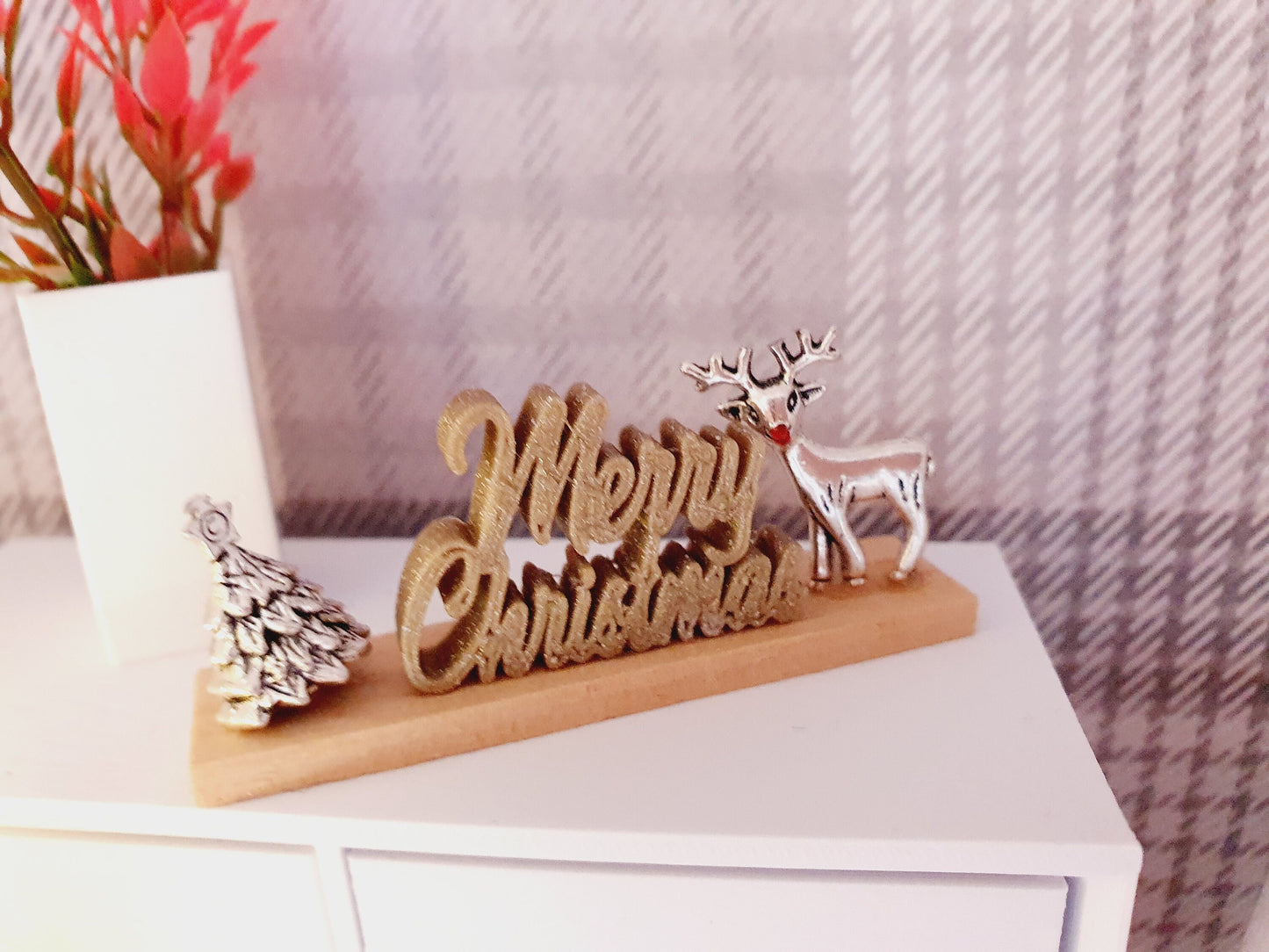 Dolls House Christmas Ornament, Merry Christmas on a Stand with a Reindeer & Christmas Tree, 1:12th Scale, Miniature Christmas Ornament