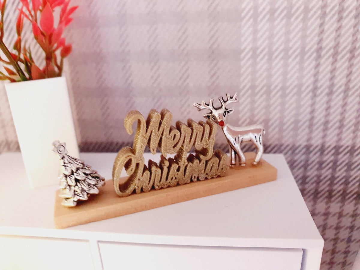 Dolls House Christmas Ornament, Merry Christmas on a Stand with a Reindeer & Christmas Tree, 1:12th Scale, Miniature Christmas Ornament
