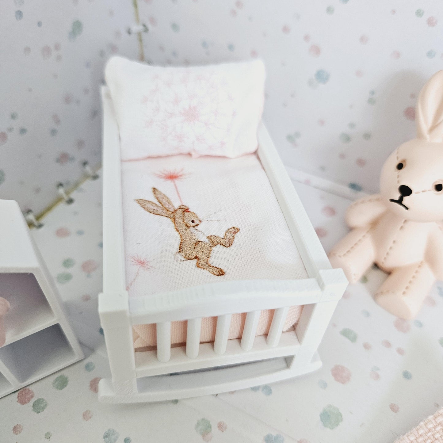Dolls House Crib Bedding Set – Cute Rabbit Design, 1:12 Scale, miniature crib set