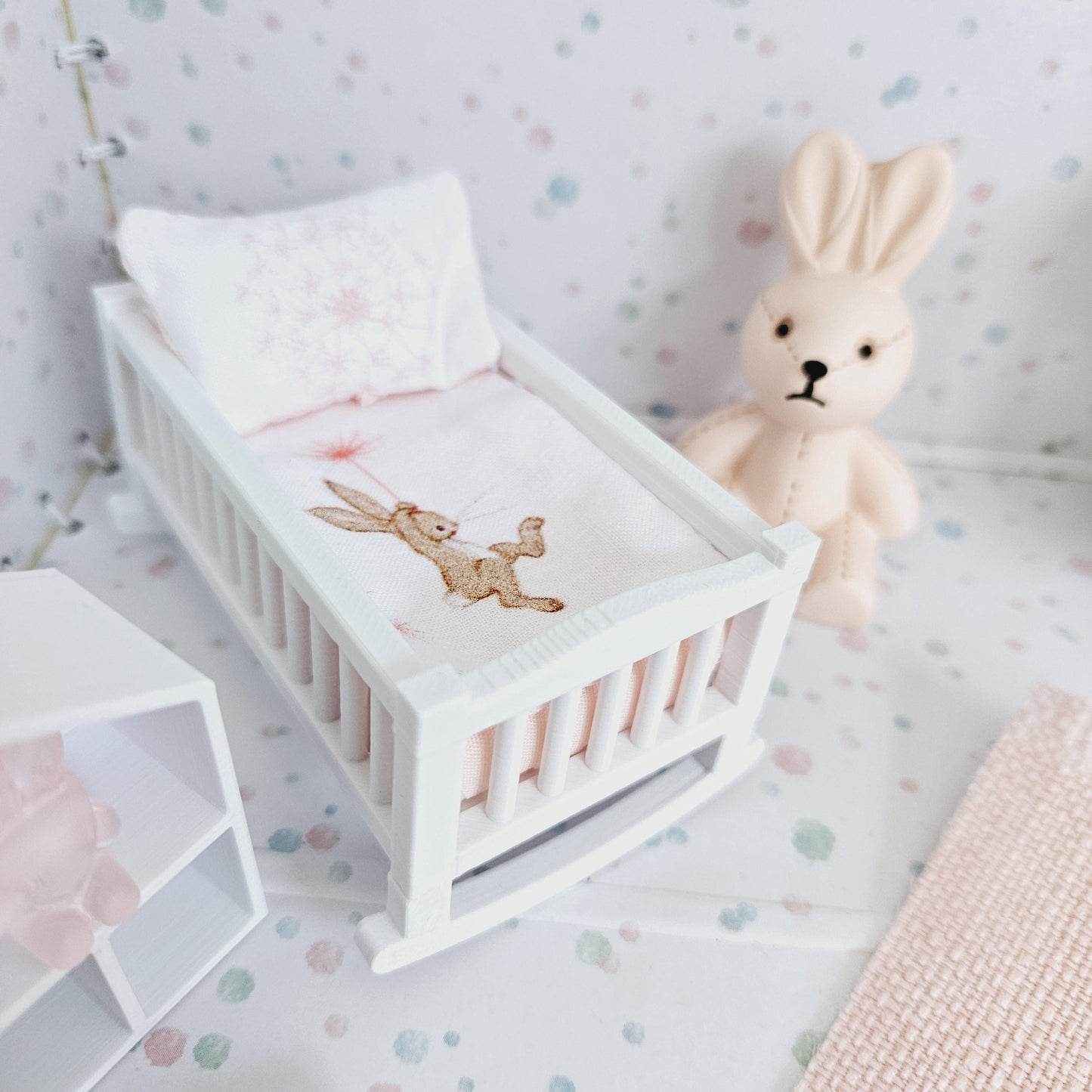 Dolls House Crib Bedding Set – Cute Rabbit Design, 1:12 Scale, miniature crib set