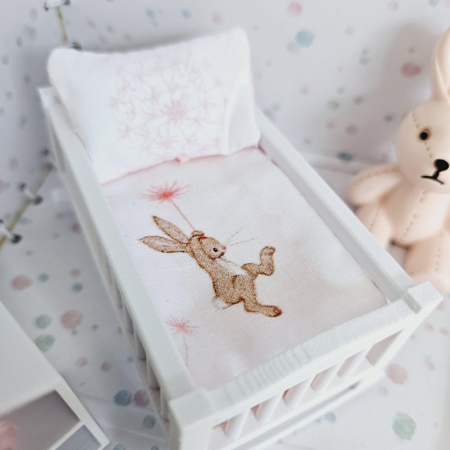 Dolls House Crib Bedding Set – Cute Rabbit Design, 1:12 Scale, miniature crib set
