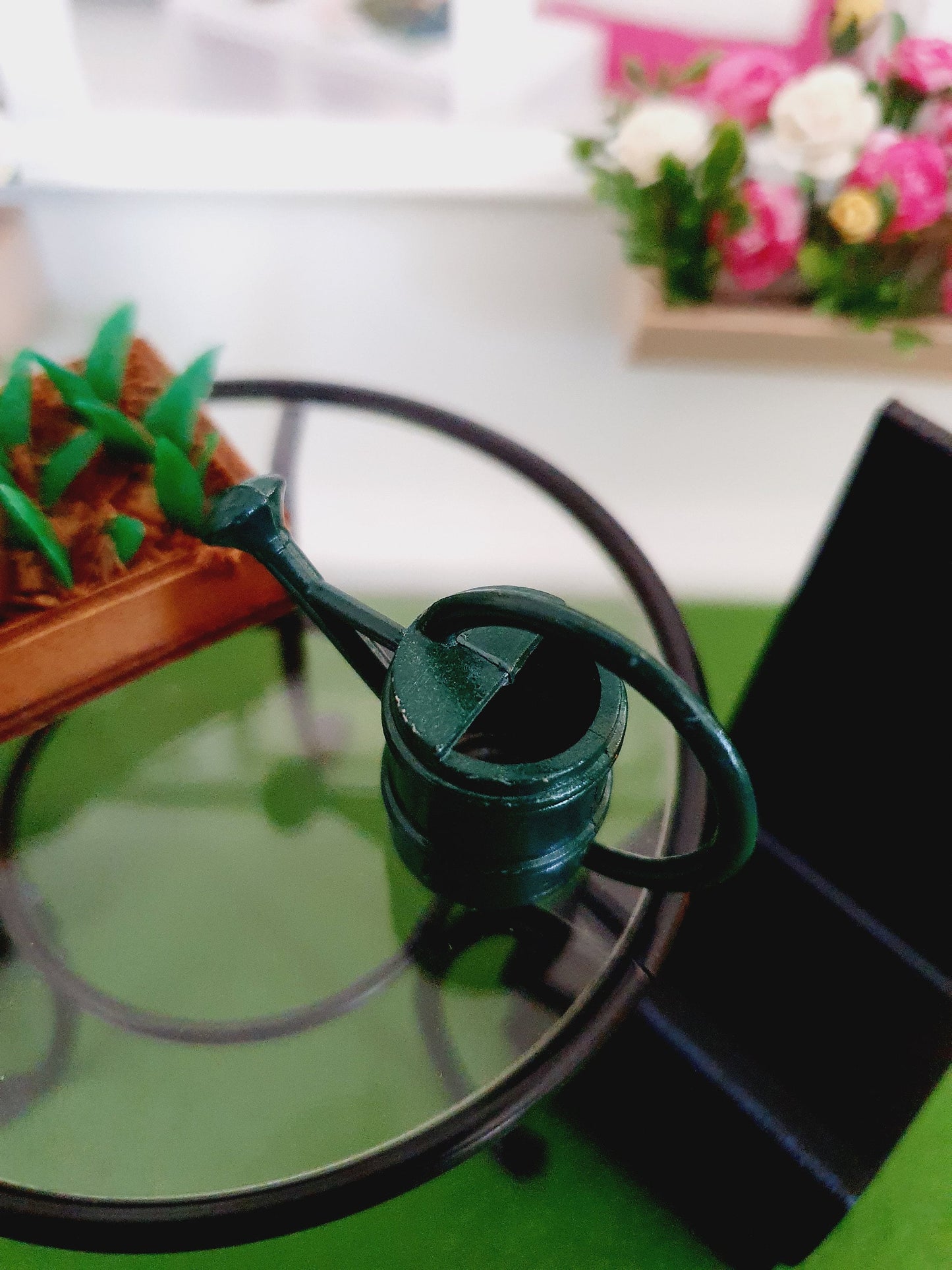 Dolls House Green Metal Watering Can, Miniature, 12th Scale, Garden