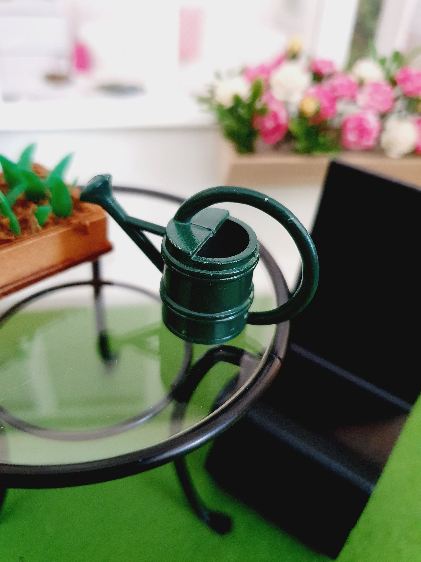 Dolls House Green Metal Watering Can, Miniature, 12th Scale, Garden