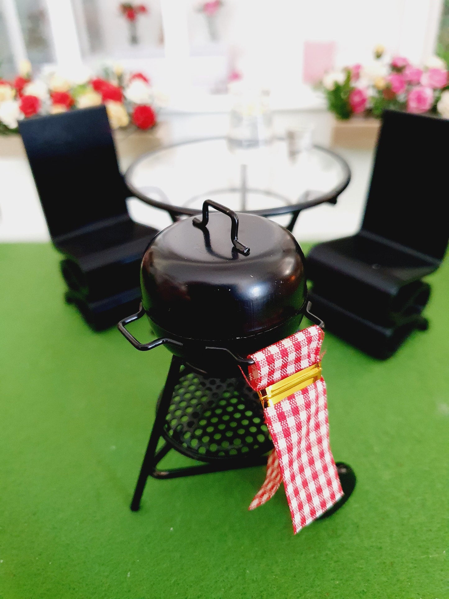 Dolls House Garden Kettle BBQ and Tea Towel, Miniature Garden bbq Set