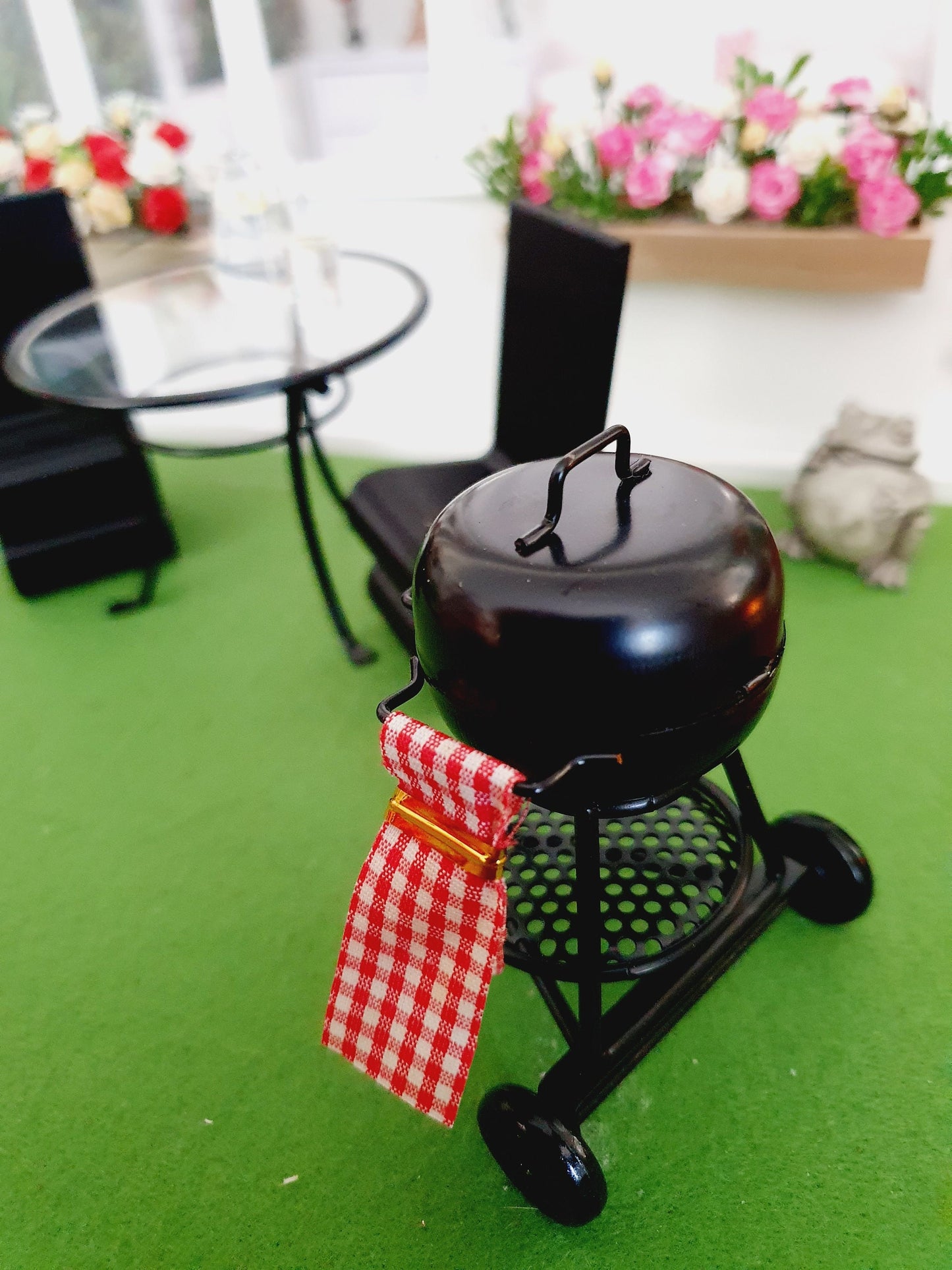 Dolls House Garden Kettle BBQ and Tea Towel, Miniature Garden bbq Set