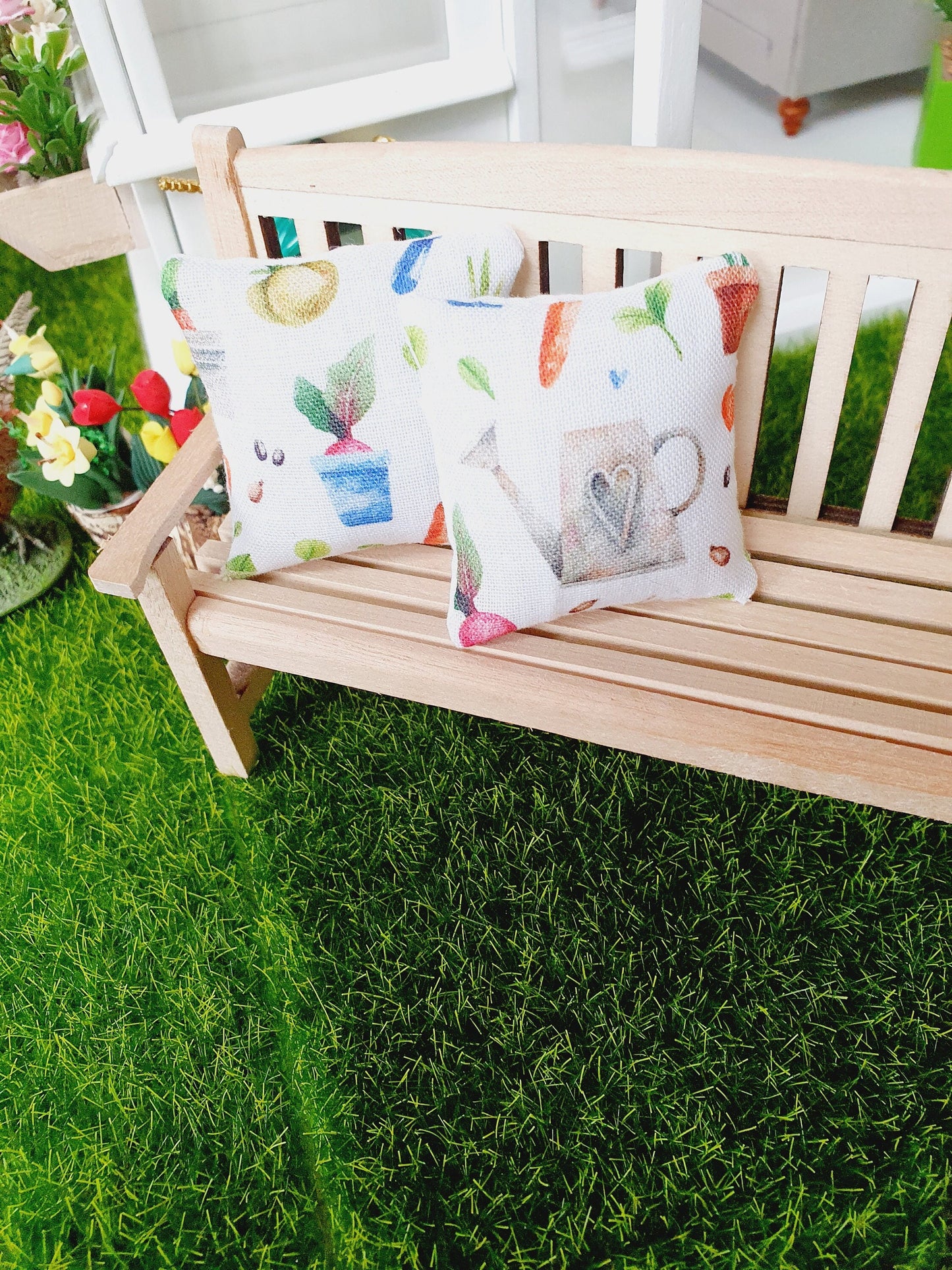 Dolls house Garden 2 x white with garden theme design cushions, 12th scale cushions, miniature cushions