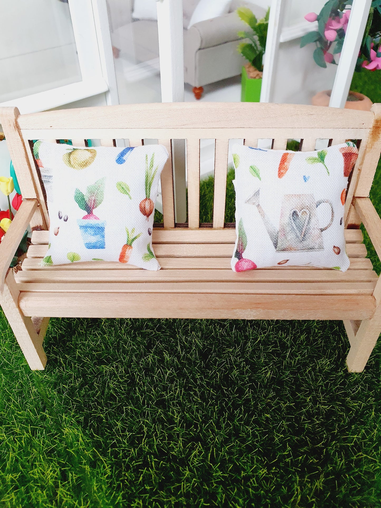 Dolls house Garden 2 x white with garden theme design cushions, 12th scale cushions, miniature cushions