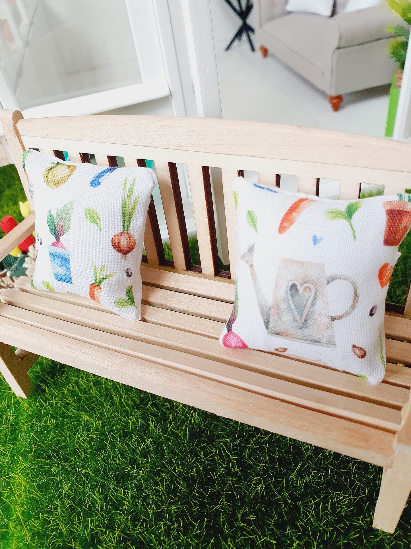 Dolls house Garden 2 x white with garden theme design cushions, 12th scale cushions, miniature cushions