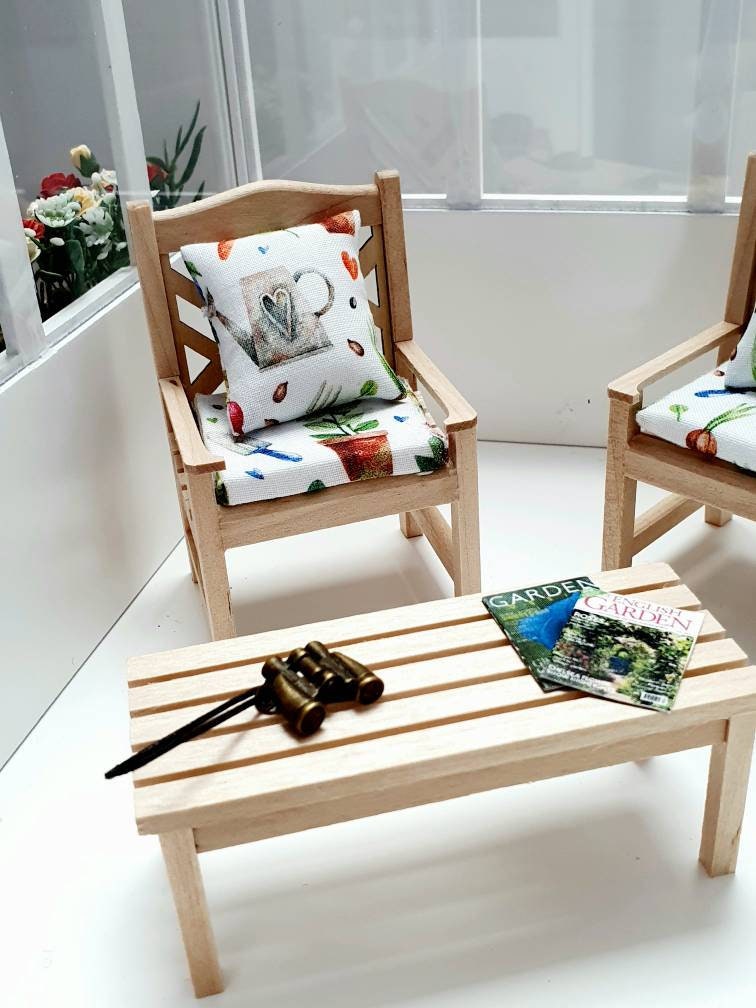 Dolls House Wooden Garden Bench and 1x Chair with 1x Side Table, 1x Long Table with Seat Pad in Garden Theme Cushions, Miniature, 12th Scale