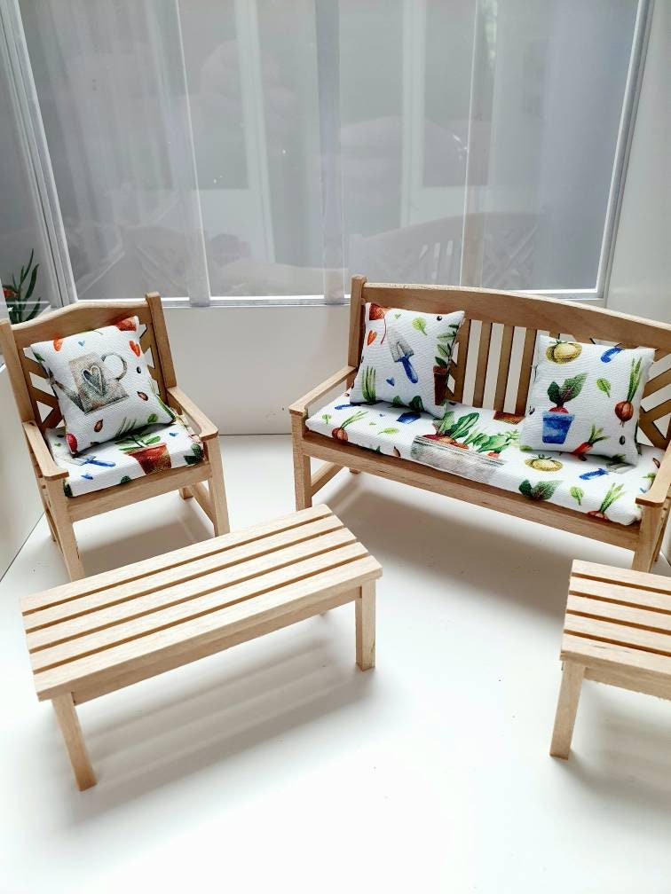 Dolls House Wooden Garden Bench and 1x Chair with 1x Side Table, 1x Long Table with Seat Pad in Garden Theme Cushions, Miniature, 12th Scale