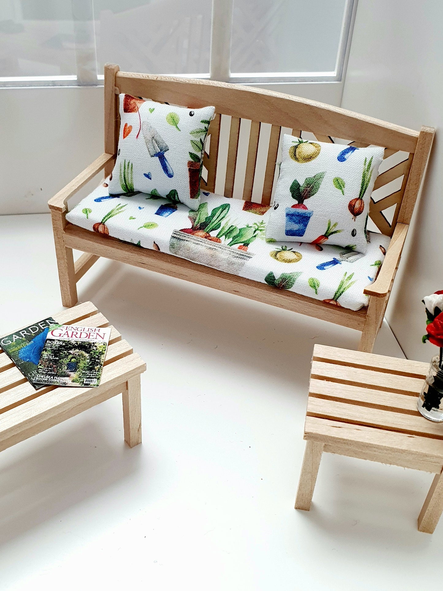 Dolls House Wooden Garden Bench and 1x Chair with 1x Side Table, 1x Long Table with Seat Pad in Garden Theme Cushions, Miniature, 12th Scale