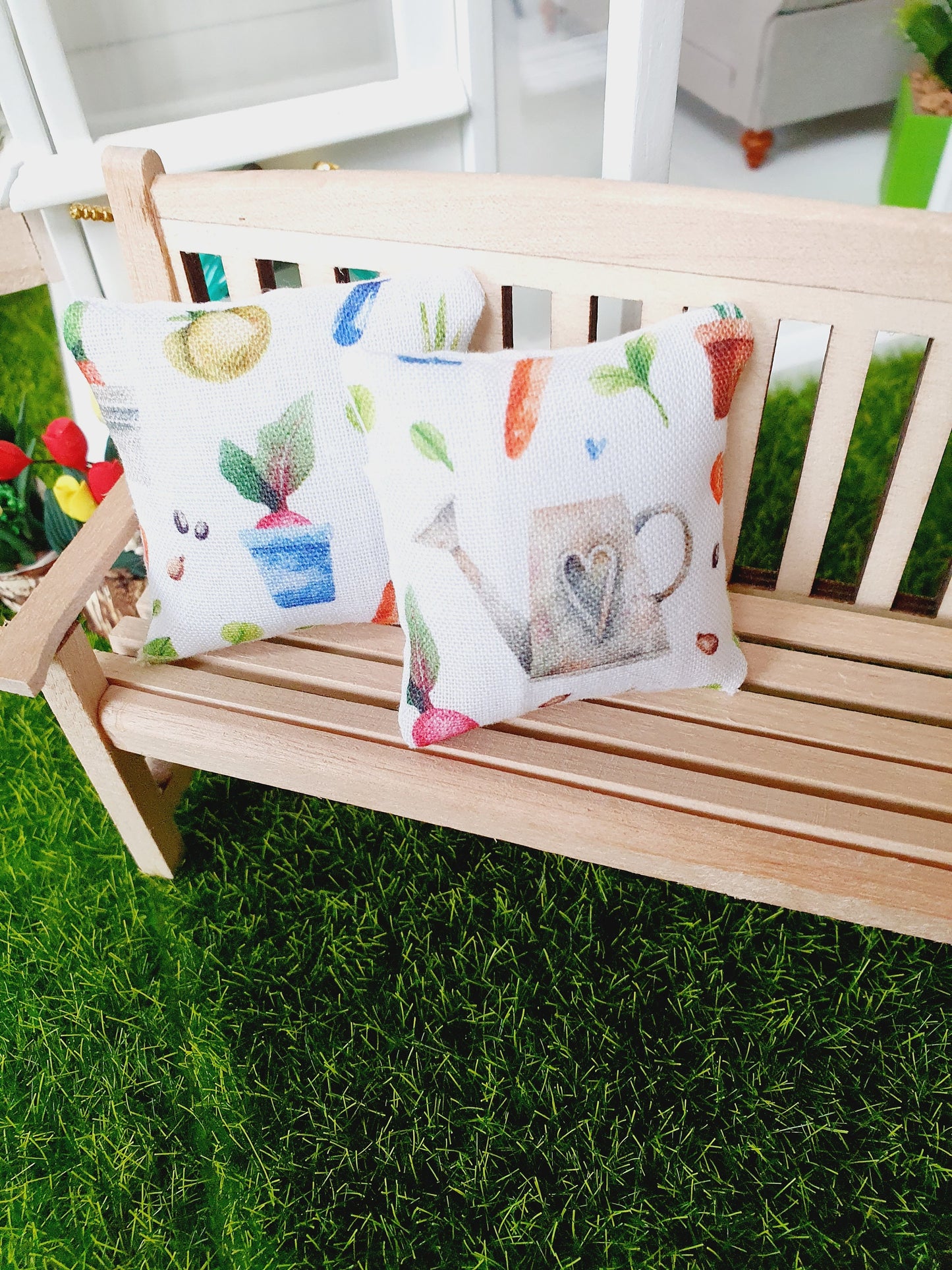 Dolls house Garden 2 x white with garden theme design cushions, 12th scale cushions, miniature cushions