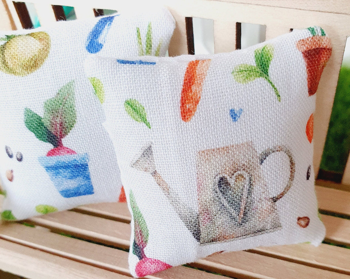 Dolls house Garden 2 x white with garden theme design cushions, 12th scale cushions, miniature cushions