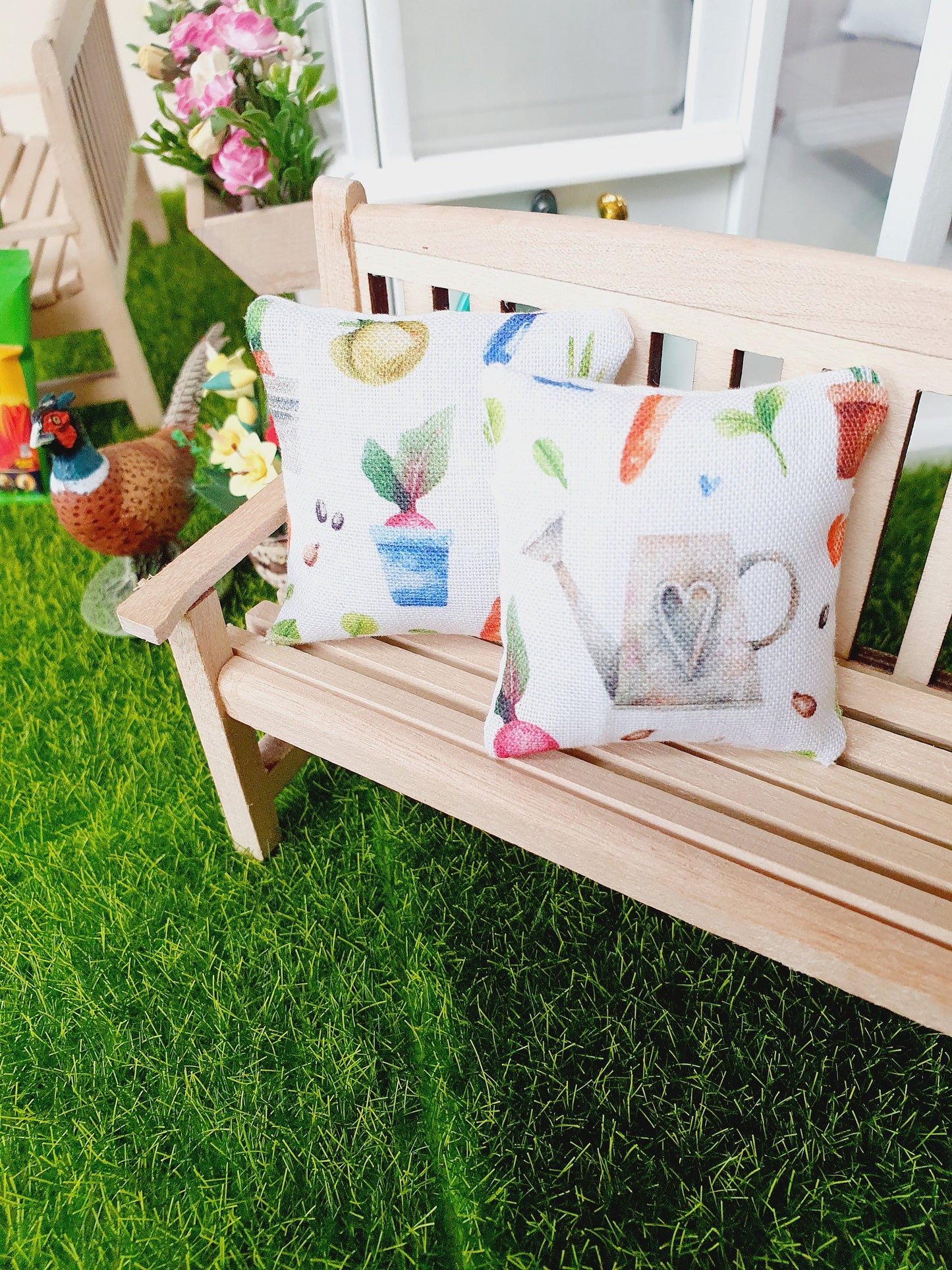 Dolls house Garden 2 x white with garden theme design cushions, 12th scale cushions, miniature cushions