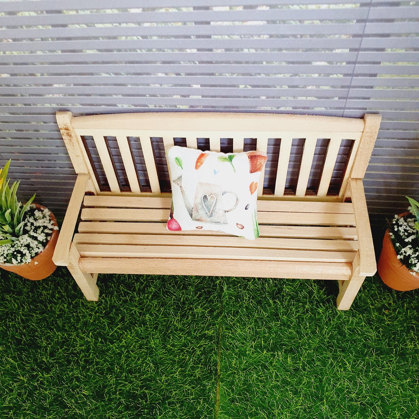 Dolls House Wooden Garden Bench with Garden Theme Cushion, Miniature, 12th Scale