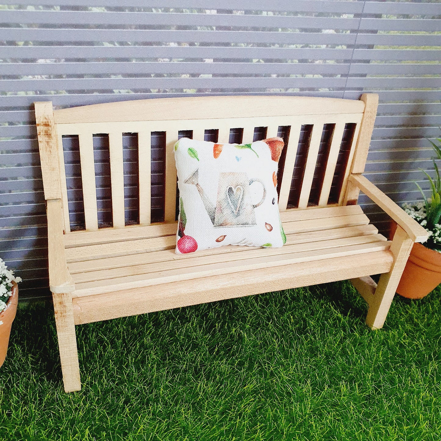 Dolls House Wooden Garden Bench with Garden Theme Cushion, Miniature, 12th Scale