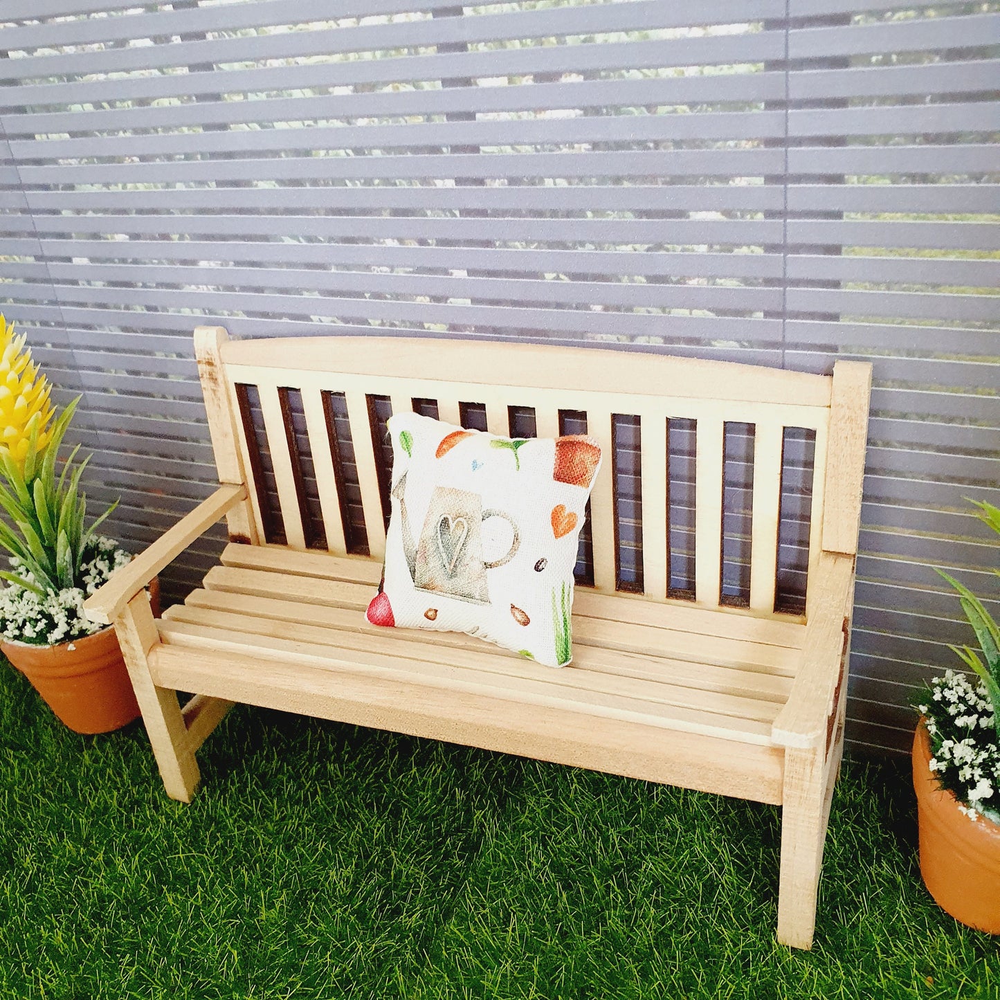 Dolls House Wooden Garden Bench with Garden Theme Cushion, Miniature, 12th Scale