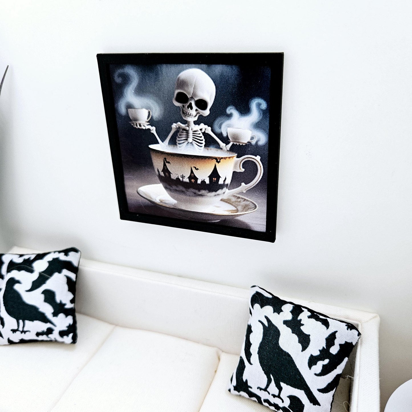 Dolls House Modern Framed Wall Art, Halloween skeleton print, 12th scale, miniature wall picture for any room