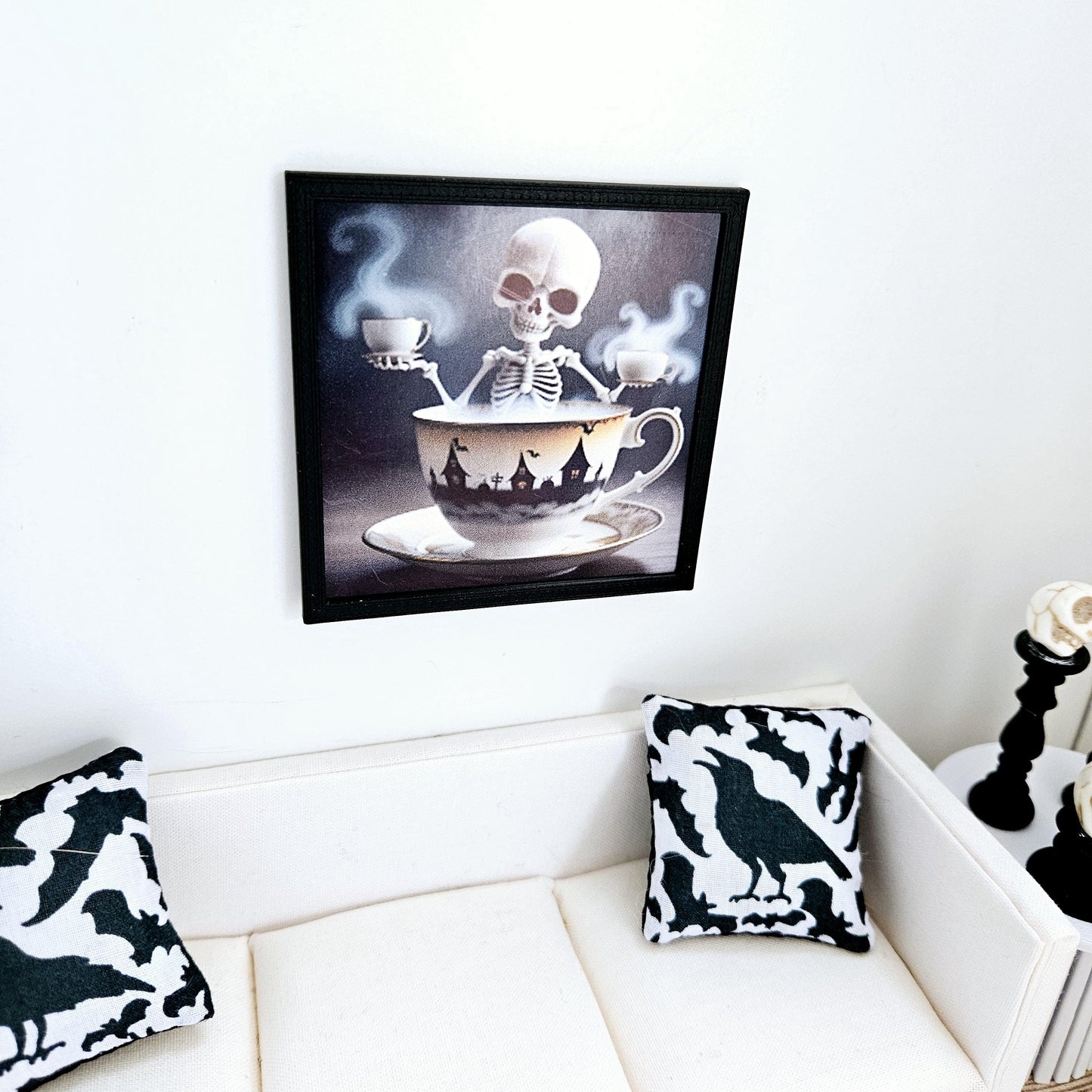 Dolls House Modern Framed Wall Art, Halloween skeleton print, 12th scale, miniature wall picture for any room