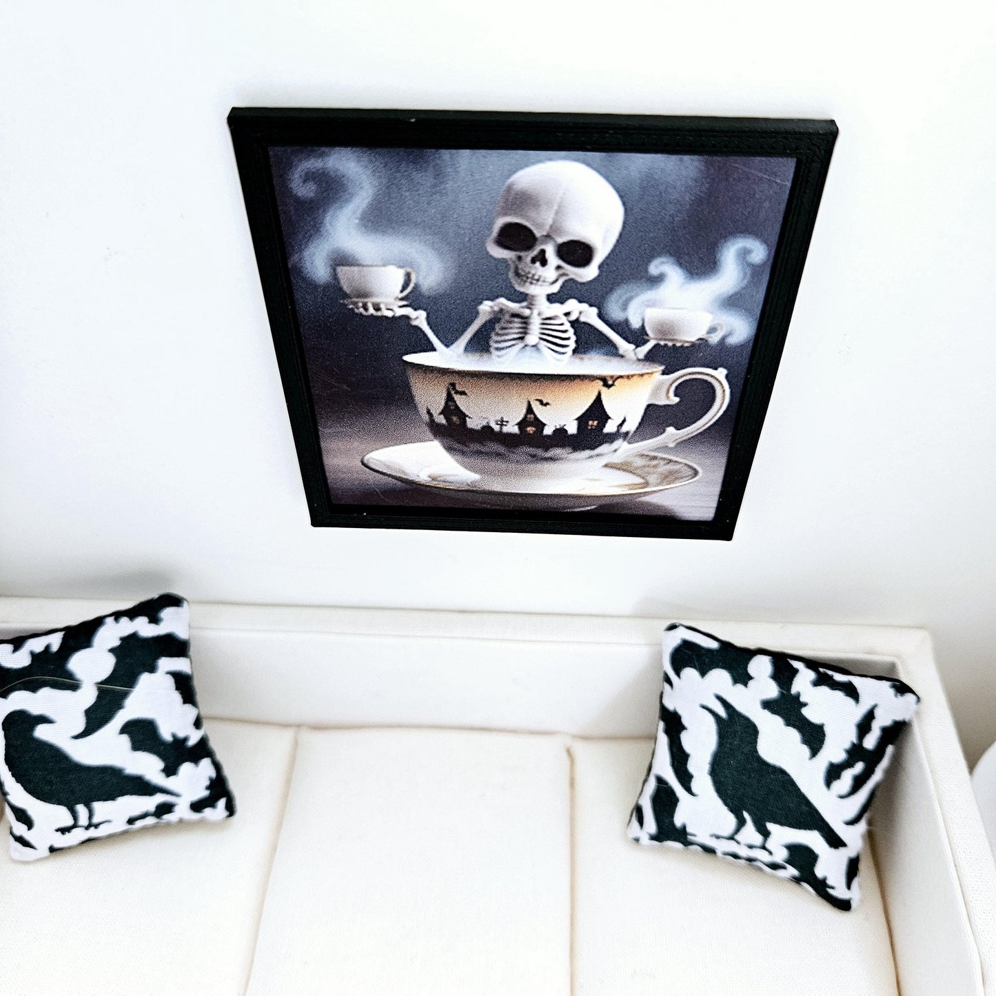 Dolls House Modern Framed Wall Art, Halloween skeleton print, 12th scale, miniature wall picture for any room
