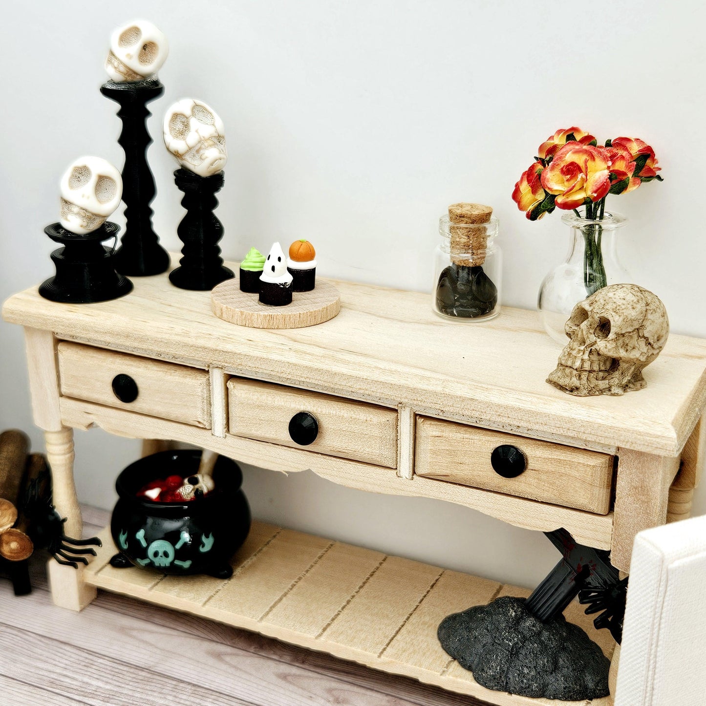 Dolls House Halloween Wooden Sideboard with accessories, 1:12th Scale, Miniature Halloween