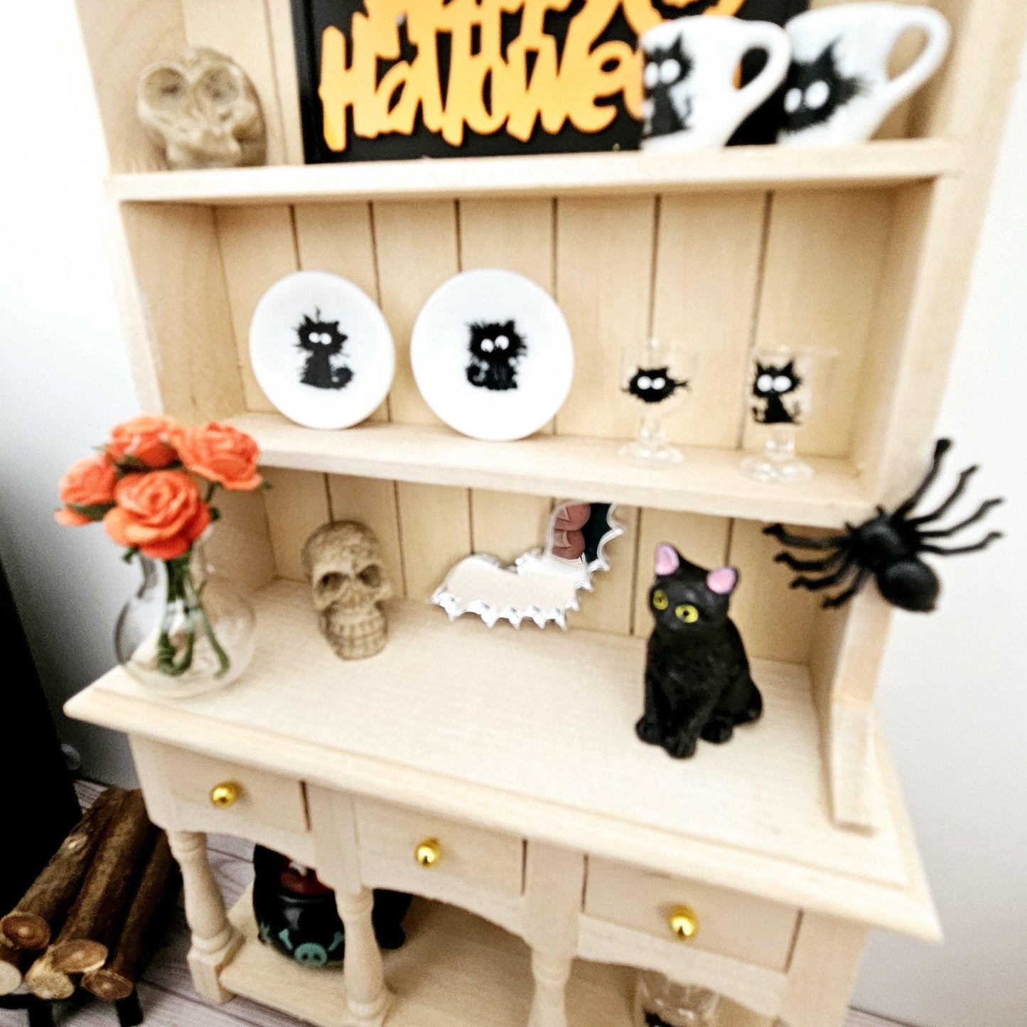 Dolls House Halloween Wooden Dresser with 3 opening drawers and accessories, 1:12th Scale, Miniature Halloween Dresser