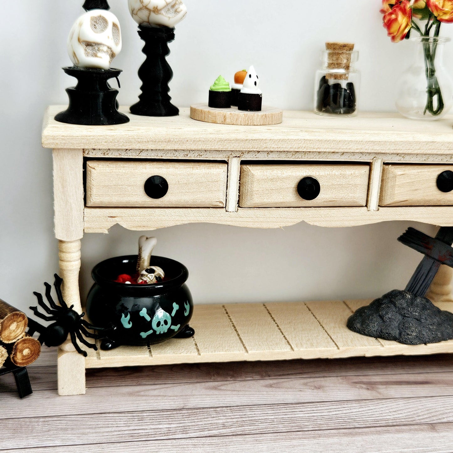 Dolls House Halloween Wooden Sideboard with accessories, 1:12th Scale, Miniature Halloween
