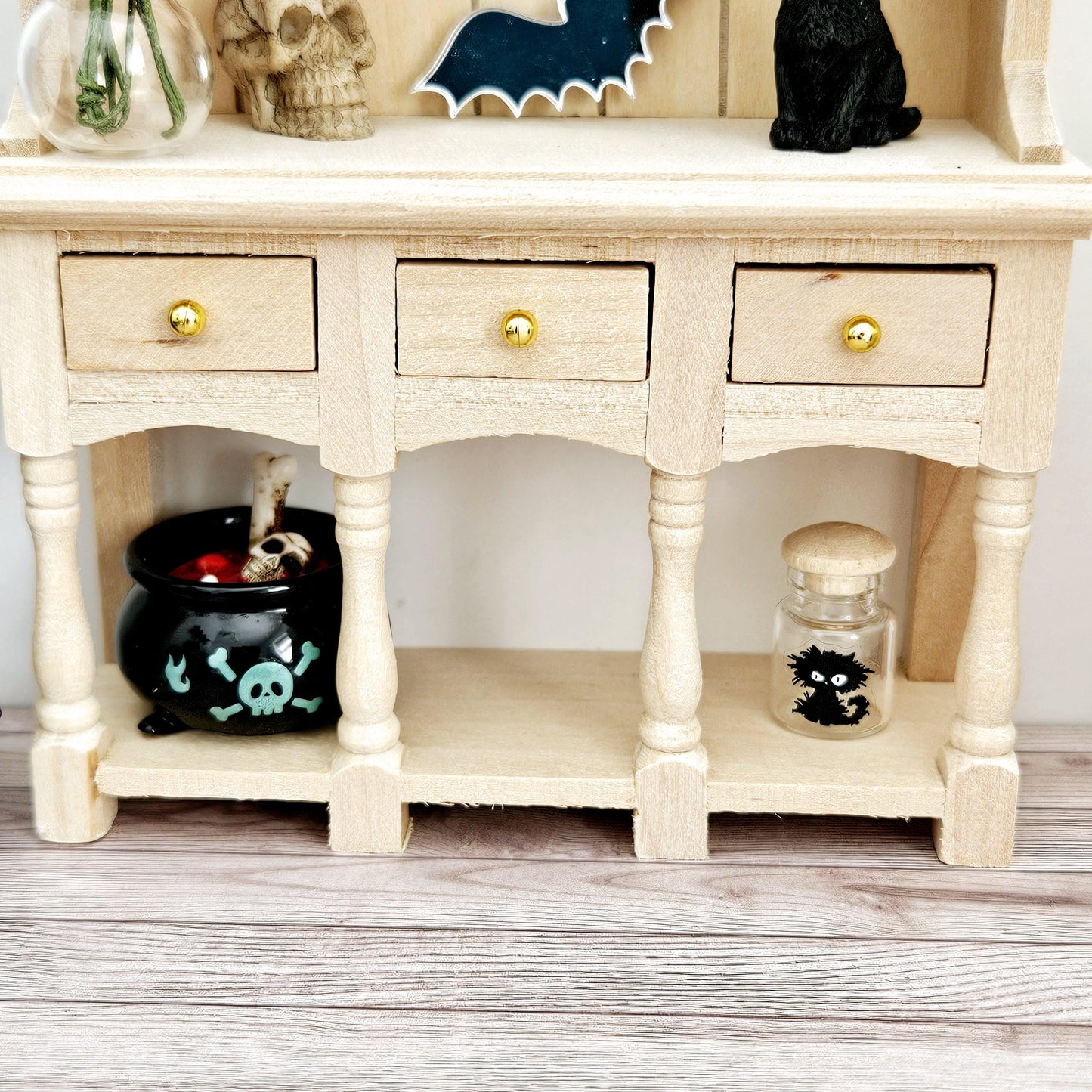 Dolls House Halloween Wooden Dresser with 3 opening drawers and accessories, 1:12th Scale, Miniature Halloween Dresser
