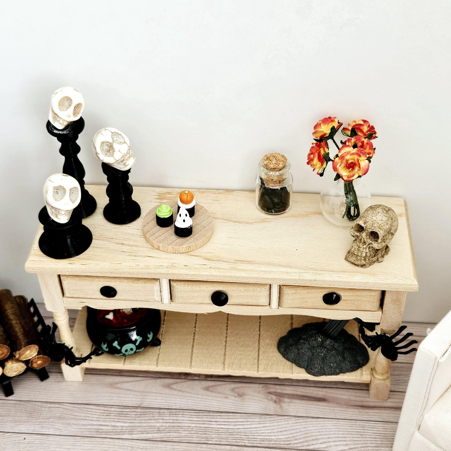 Dolls House Halloween Wooden Sideboard with accessories, 1:12th Scale, Miniature Halloween