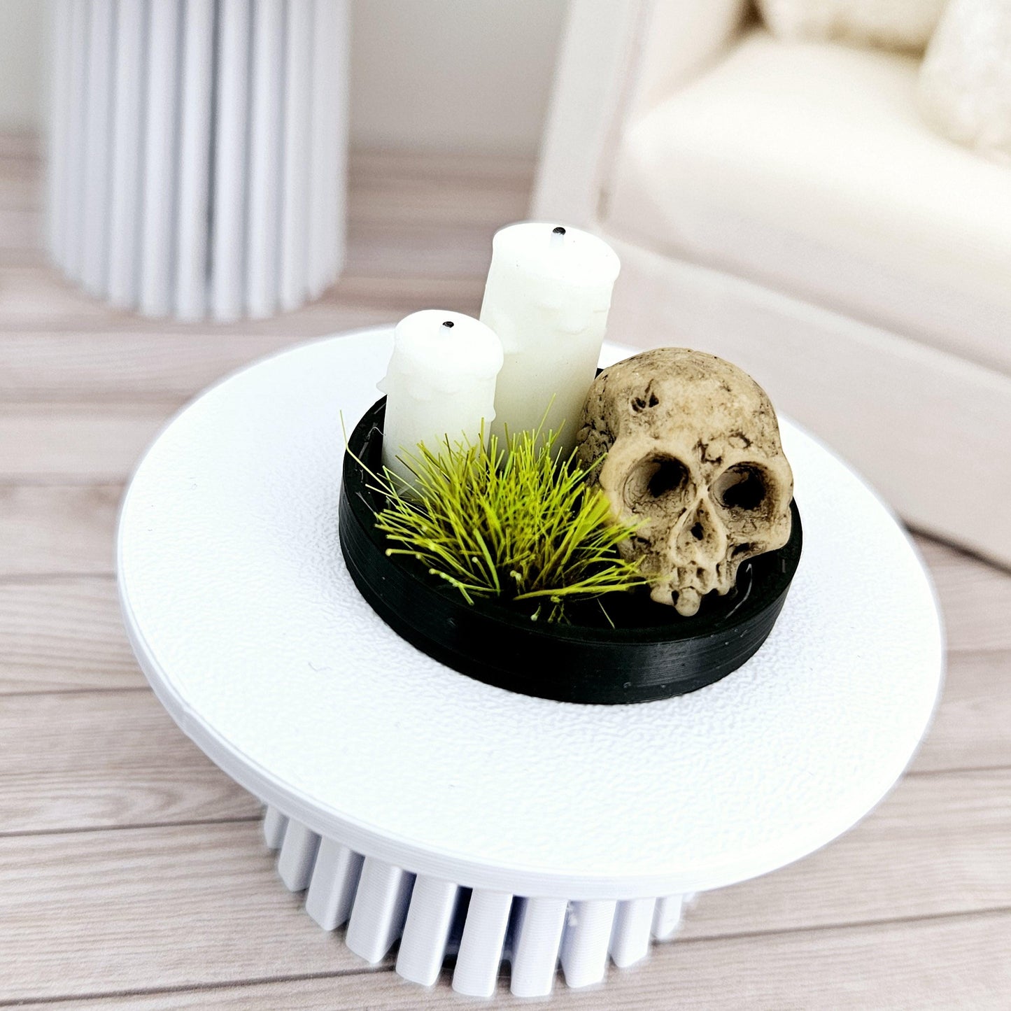 Dolls House Halloween Coloured tray ornament with 2x candles, green plant & a Skull, 12th scale, miniature Halloween ornament