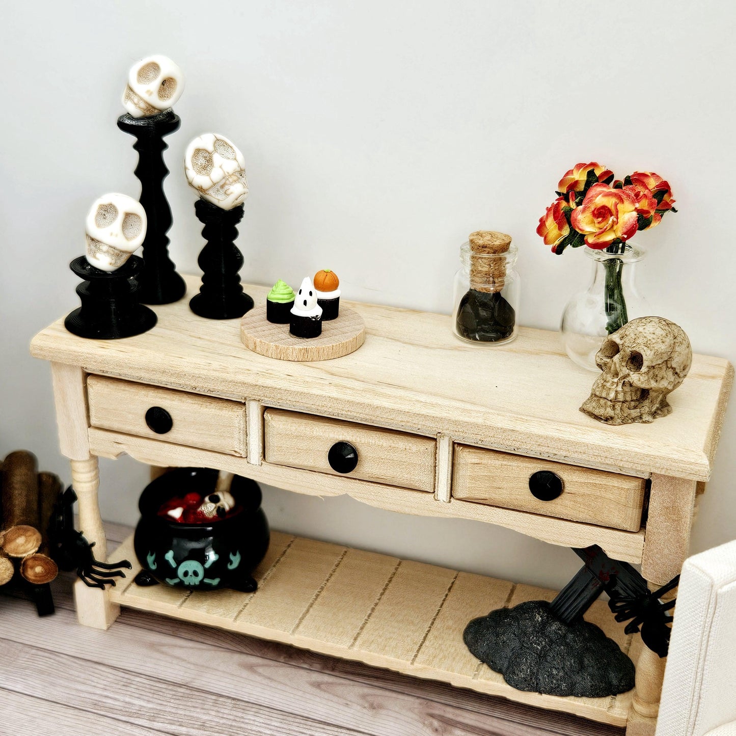 Dolls House Halloween Wooden Sideboard with accessories, 1:12th Scale, Miniature Halloween