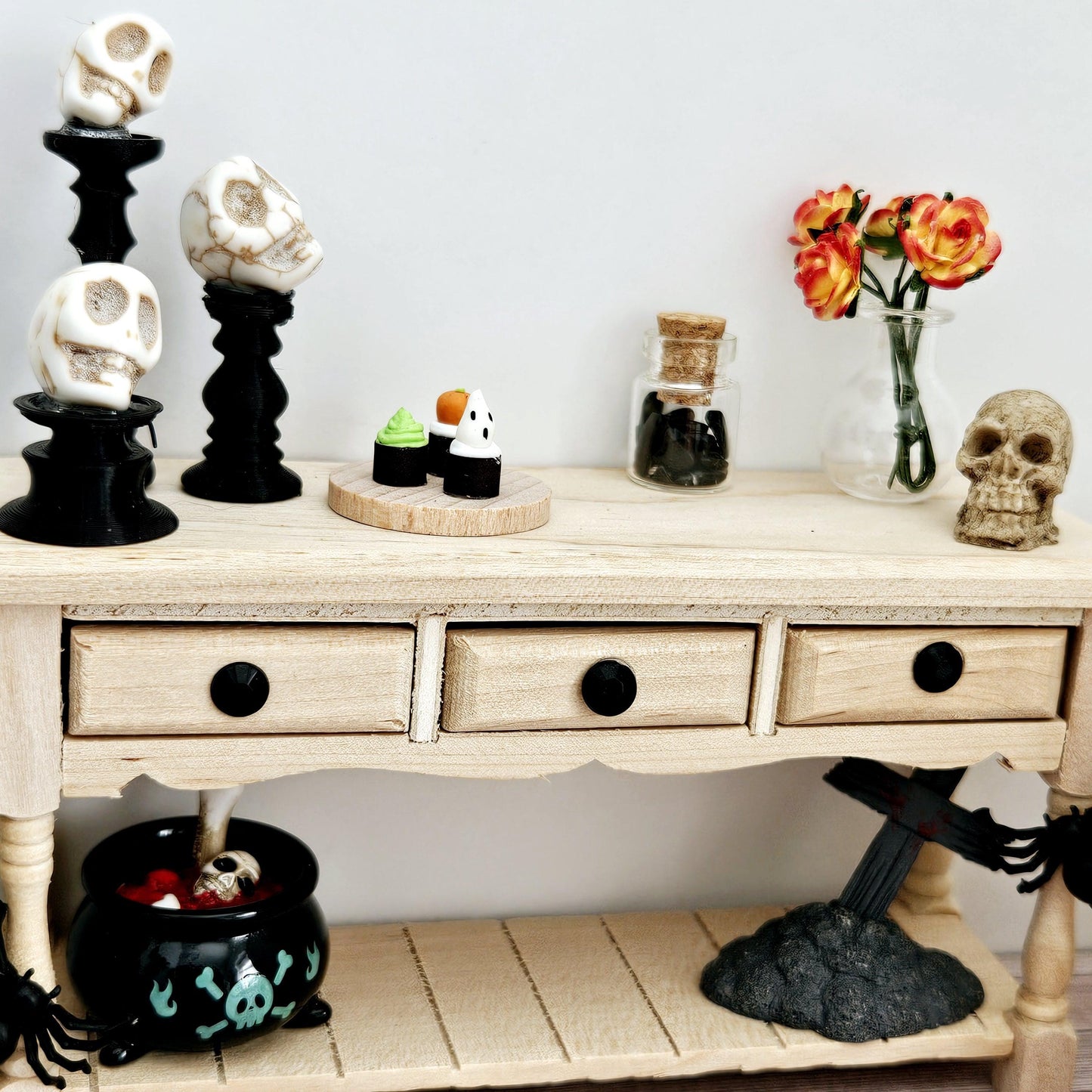 Dolls House Halloween Wooden Sideboard with accessories, 1:12th Scale, Miniature Halloween