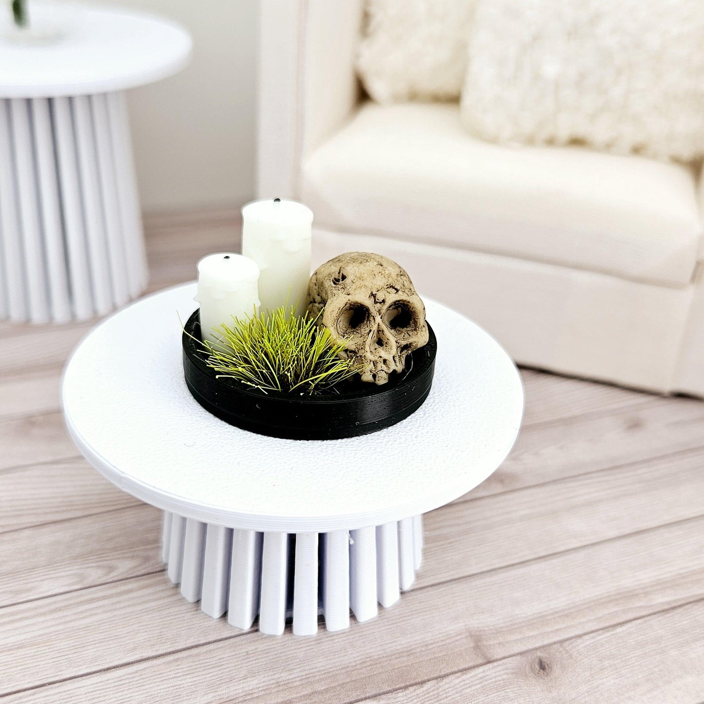 Dolls House Halloween Coloured tray ornament with 2x candles, green plant & a Skull, 12th scale, miniature Halloween ornament