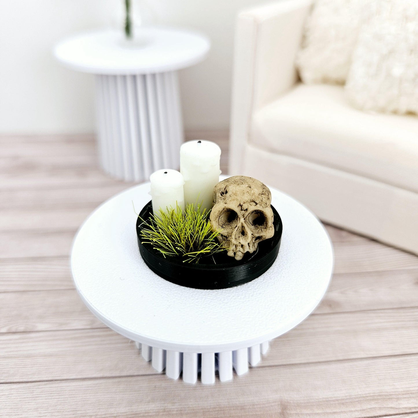 Dolls House Halloween Coloured tray ornament with 2x candles, green plant & a Skull, 12th scale, miniature Halloween ornament