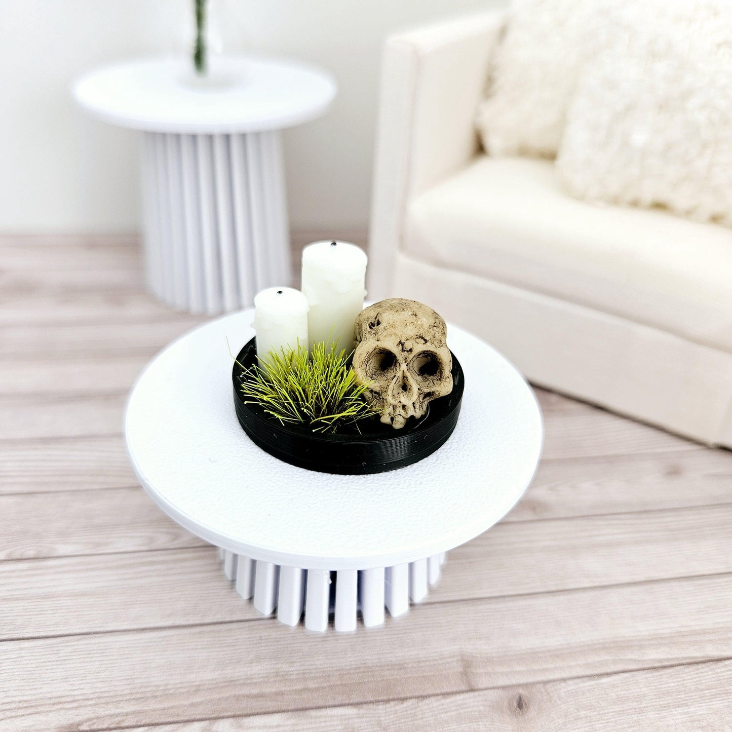Dolls House Halloween Coloured tray ornament with 2x candles, green plant & a Skull, 12th scale, miniature Halloween ornament