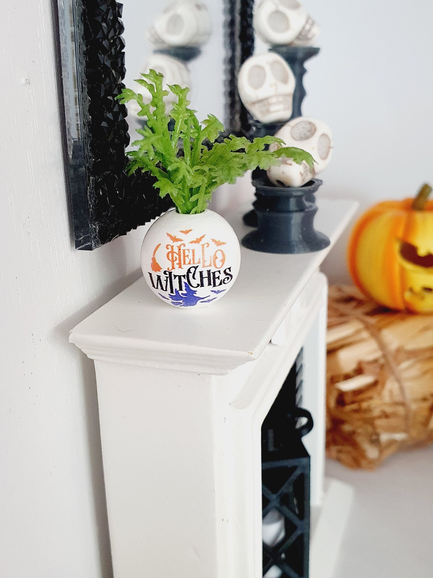 Dolls House Halloween Plant Pot with Plant 1:12th Scale, Miniature, Halloween