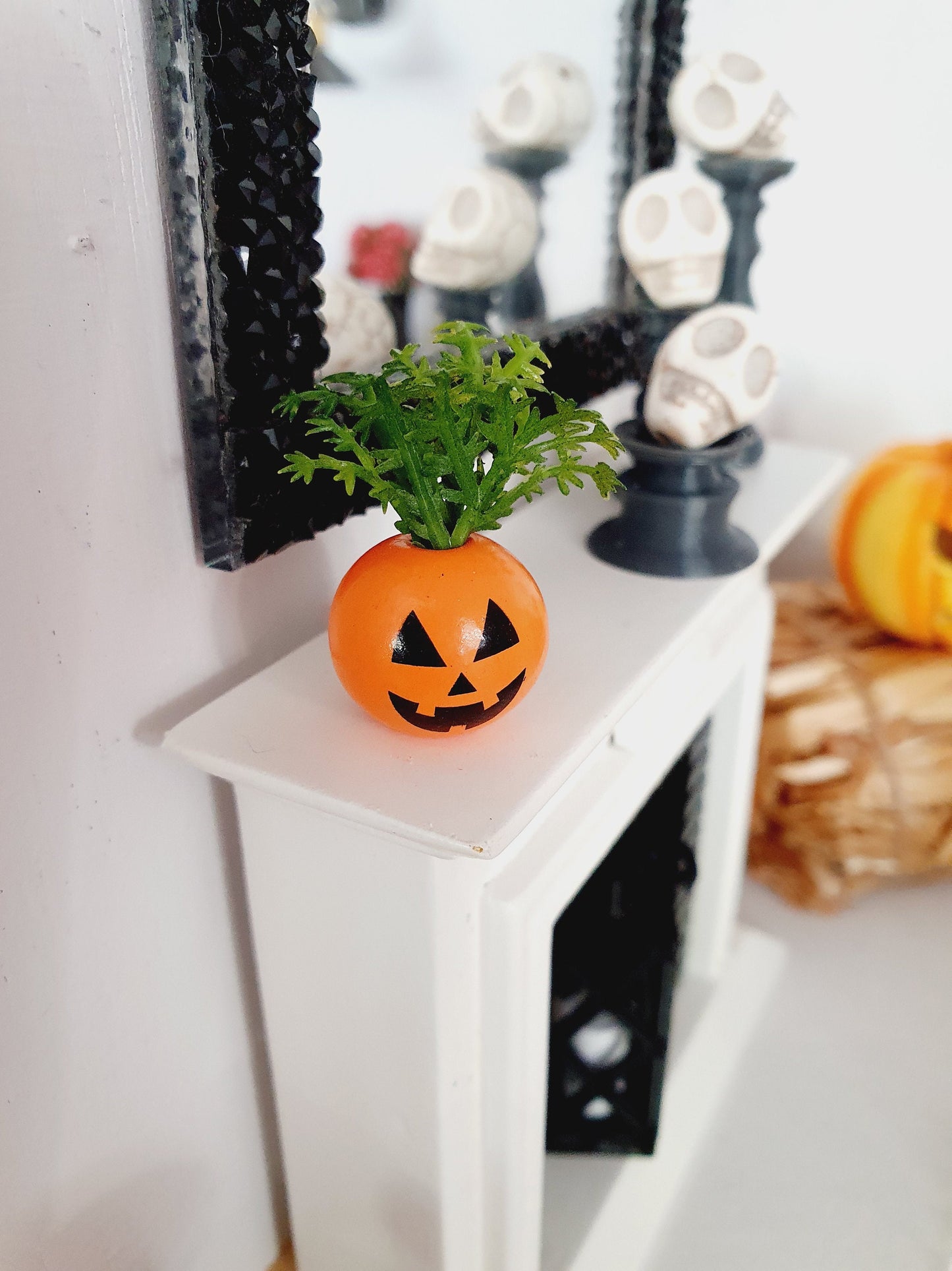 Dolls House Halloween Plant Pot with Plant 1:12th Scale, Miniature, Halloween