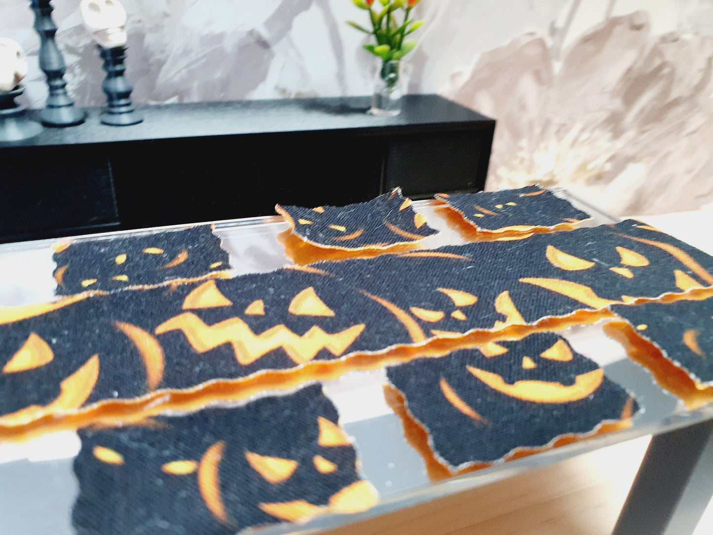 Dolls House Halloween Pumpkin Table Place Setting Set, Table Runner, Place Mats & Napkins, Set of 6, Miniature Table Place, 1:12