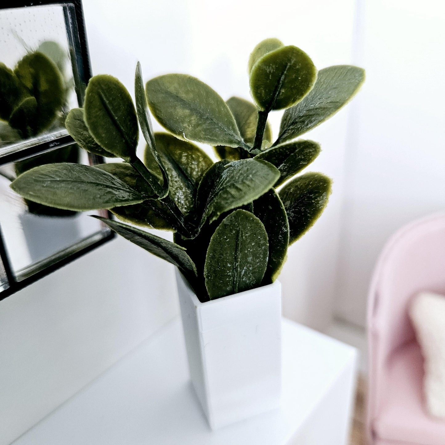 Dolls House Tall Square Vase with Green Leaves, 1:12th Scale, Miniature Plant Pot, Dollhouse Accessories