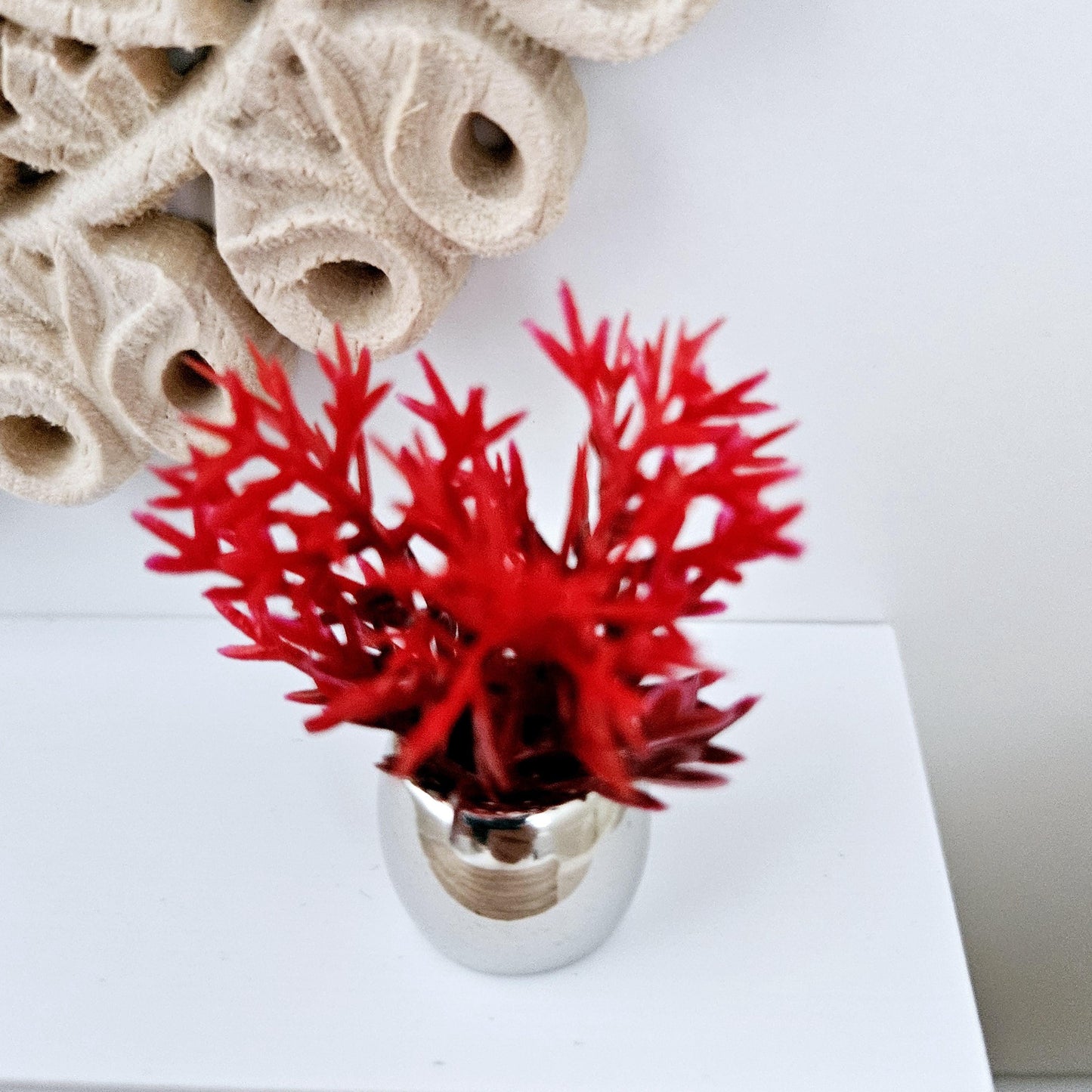 Dolls House Silver Plant Pot with Red Plant 1:12th Scale, Miniature