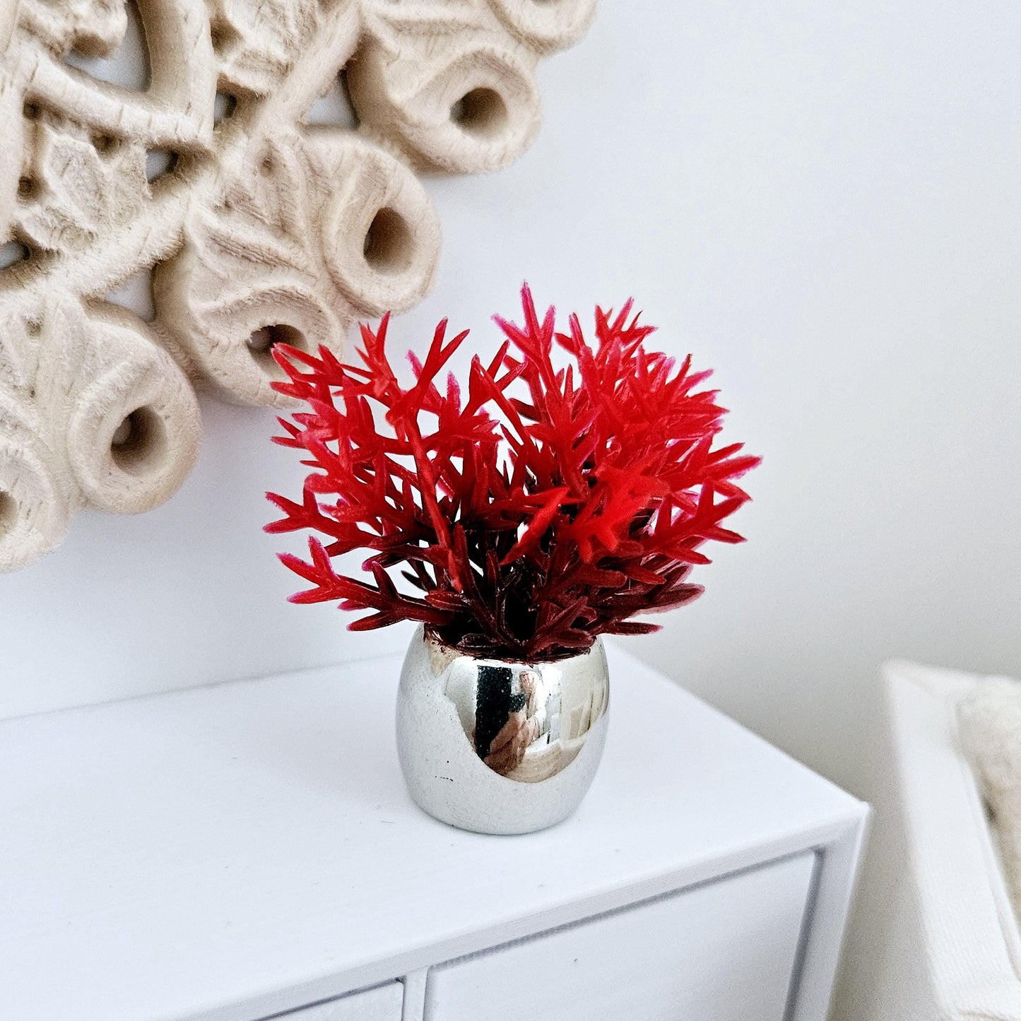 Dolls House Silver Plant Pot with Red Plant 1:12th Scale, Miniature