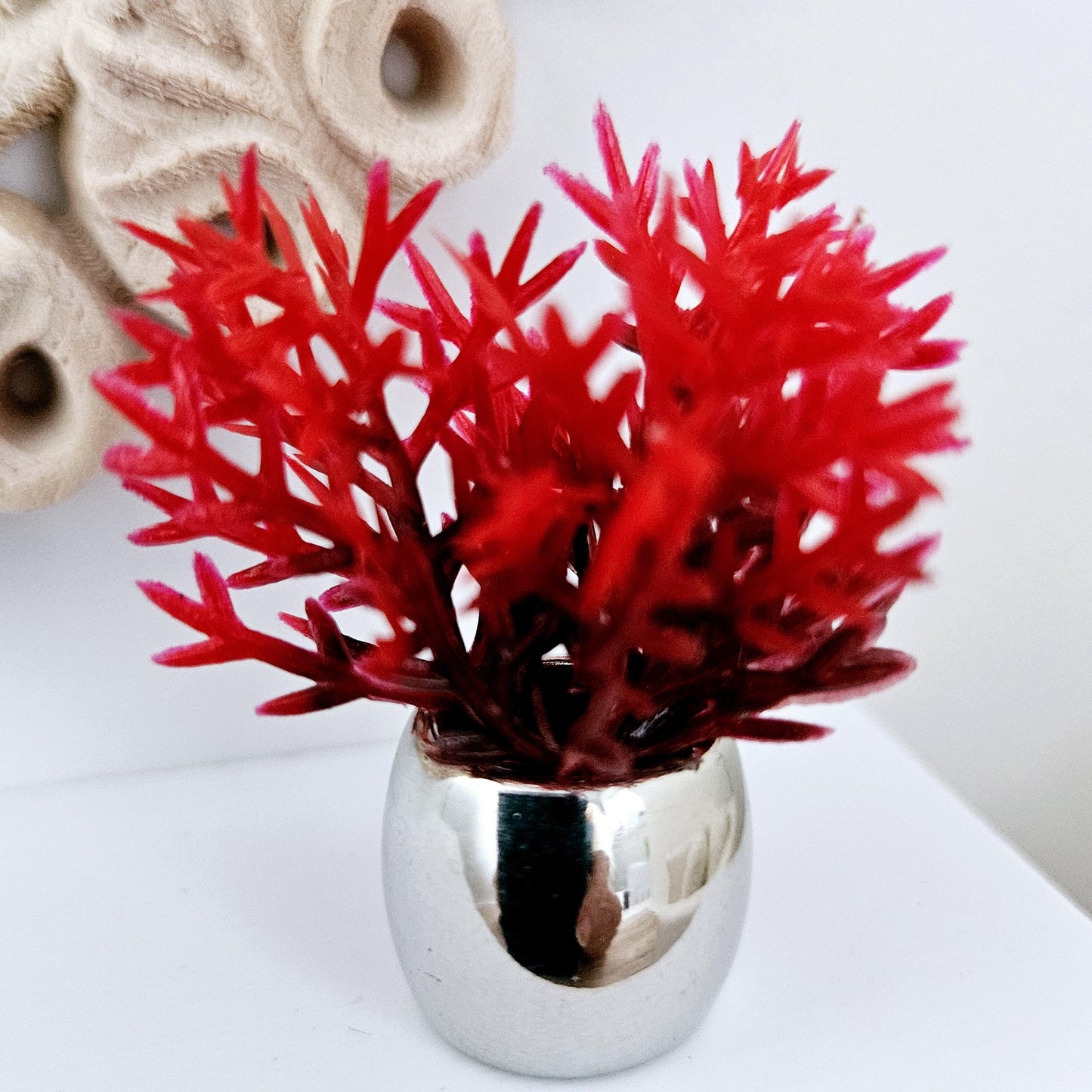 Dolls House Silver Plant Pot with Red Plant 1:12th Scale, Miniature
