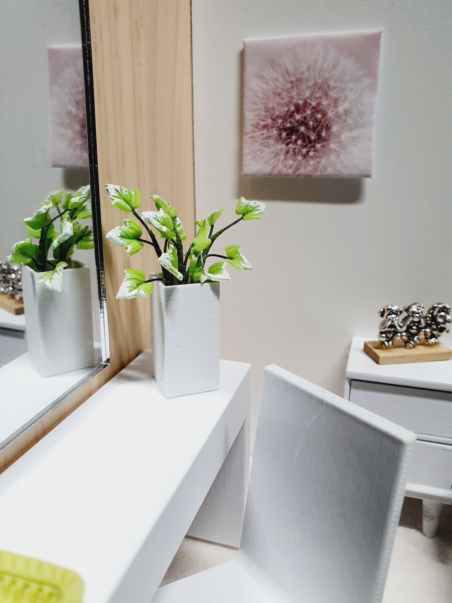 Dolls House Tall Square Vase with Green Leaves, 1:12th Scale, Miniature Plant Pot, Dollhouse Accessories