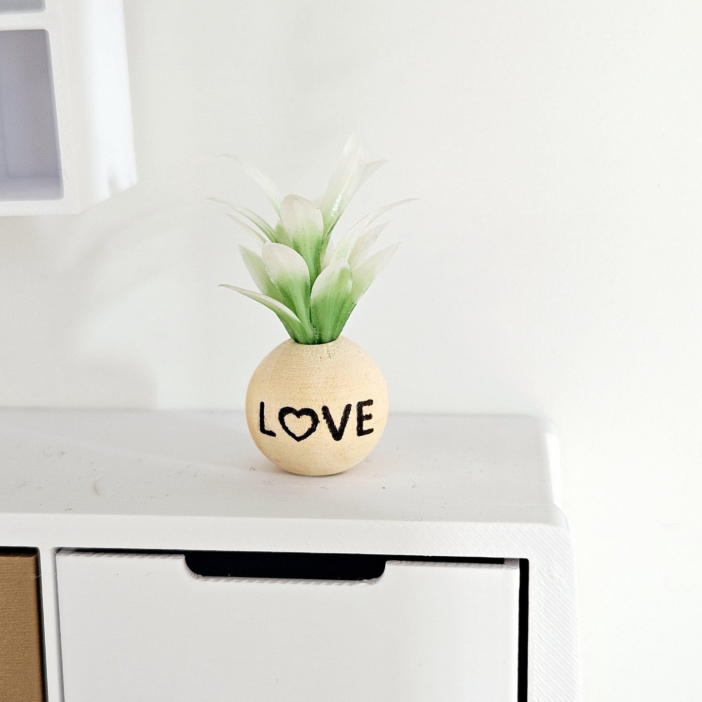 Dolls House Wooden Plant Pot with Plant with the word LOVE, 1:12th Scale, Miniature