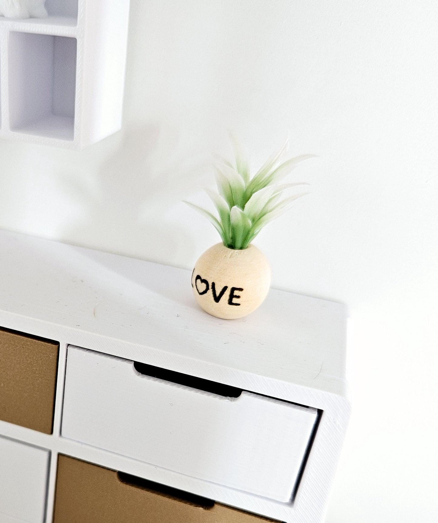 Dolls House Wooden Plant Pot with Plant with the word LOVE, 1:12th Scale, Miniature