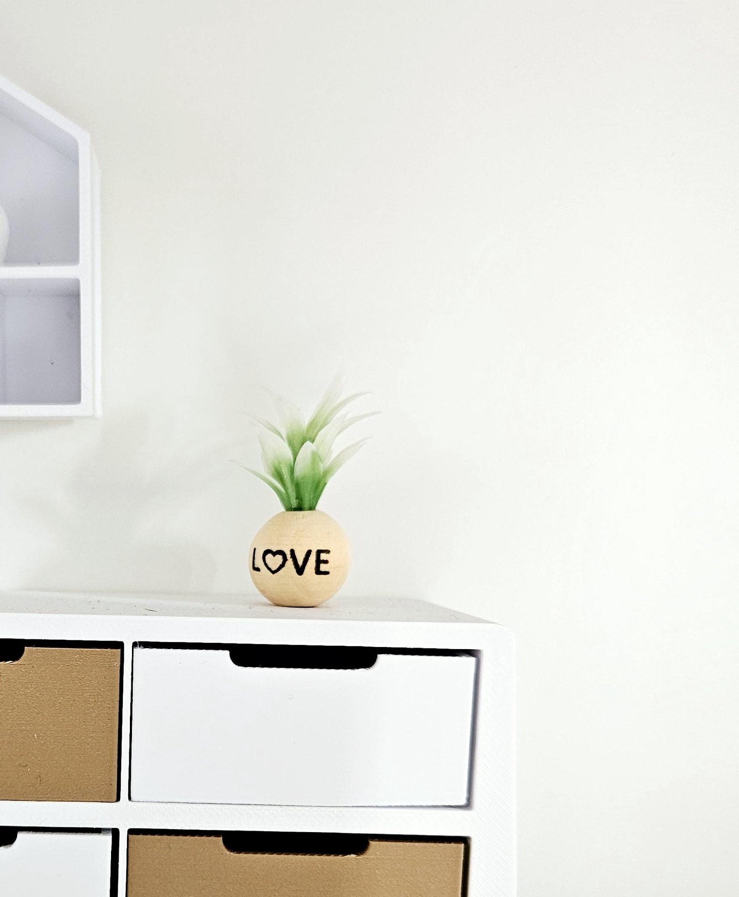 Dolls House Wooden Plant Pot with Plant with the word LOVE, 1:12th Scale, Miniature