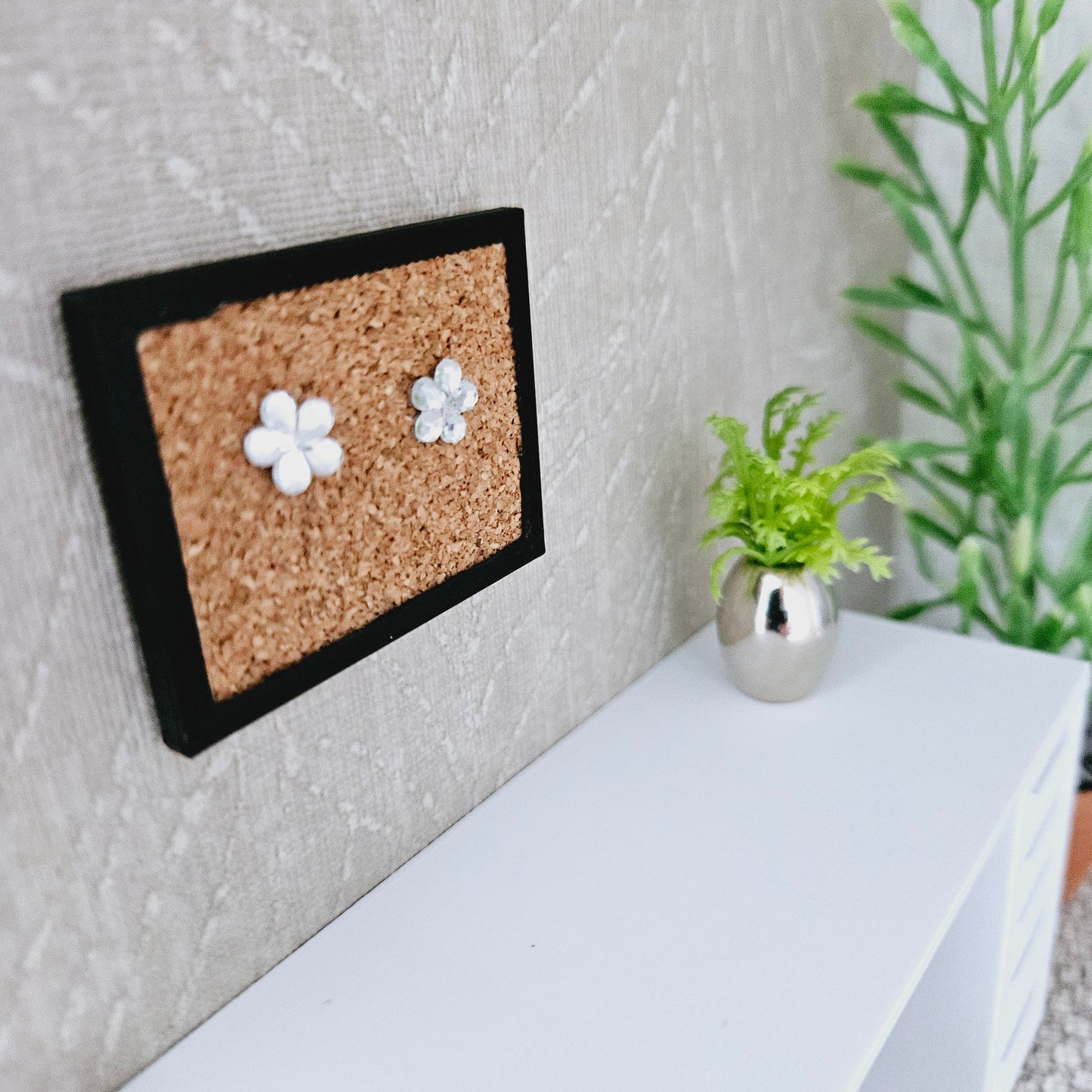 Dolls House Cork Board, 12th scale, miniature cork board with 2 little gems for notes, colour of your choice
